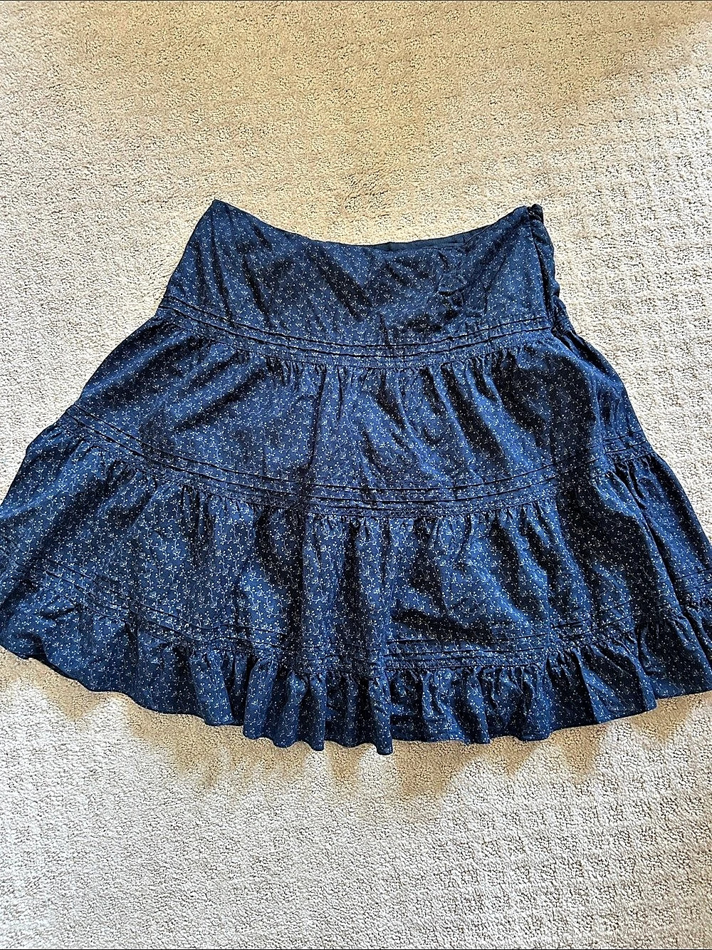 “Chaps Denim” Floral Ruffle Skirt in Navy Blue Size 12